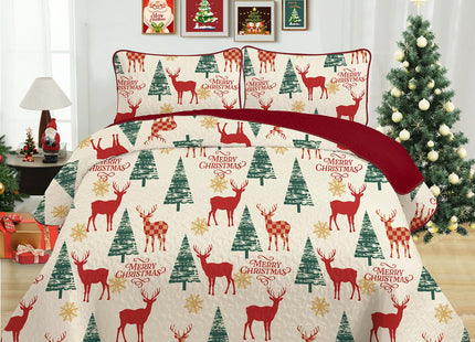 Dinjoy Quilt Set Queen Christmas,Red Beige Bedspreads Holiday Bedding Set Queen Size 3 PCs Xmas Tree Reindeer Snowflake Rustic Lodge Coverlet Set Gifts for Family Bed 90" x 96"