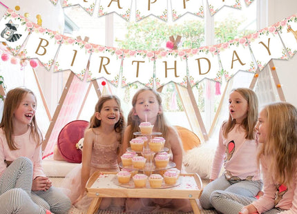 Kreatwow Woodland Happy Birthday Banner Woodland Birthday Party Decorations Girls Jungle Forest Animal Creatures Bunting Banner Garland for Girls