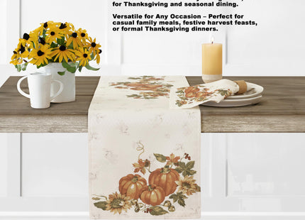 Lintex Stockbridge Pumpkin Harvest Bordered Thanksgiving Tablecloth, Autumn Fall Leaf, Sunflower and Acorn Border Print Easy Care Fabric Tablecloths and Napkins