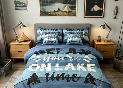Feelyou Kids Lake House Comforter Set with Sheets, Pillowcases & Cushion Cover - Twin Size Fishing Camping House 7 Piece Farmhouse Bedding Set