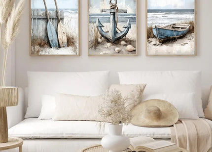 3Pcs Nautical Beach Wall Art Sailboat Paddle And Anchor Paintings Pictures Wall Decor Nautical Posters Prints Artwork Suitable for Living Room Bedroom Home Office Corridor Home Decroation