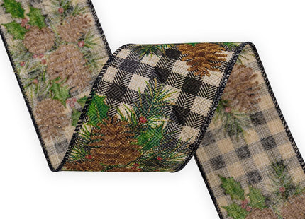 HATIANGE Pinecone Christmas Burlap Ribbon with Black White Plaid Wired Ribbon, 2-1/2 Inch x 11Yards, for Xmas Home Decor, Gift Wrapping, Bow Making, Wreath, DIY Crafts