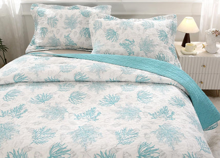 SUCSES 100% Cotton Coastal Quilts 3 Pieces Queen Lightweight Comfortable Quilt Turquoise Ocean Coral Bedspread Coverlet with 2 Shams for Beach Themed Dedroom All Season