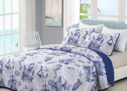 DJY Ocean Coastal Quilt Queen Size, 3 Pcs Seahorse Bedspread Bedding Set