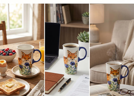 TZSSP 17oz Ceramic Travel Mug with Flip Lid & Handle, Red Fox & Blue Poppy