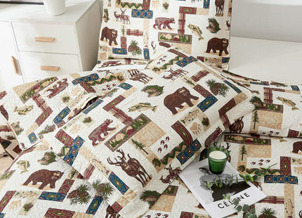 Oliven Rustic Moose Quilt Set King Size Lodge Quilt Lightweight Summer Cabin Bedspread Country Bedding Forest Bear Fish Pine Coverlet Daybed Cover Blanket Woodland Home Decor-Brown White