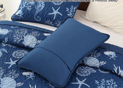 Djoymock Coastal Quilt Set Queen Size 3 Piece, Summer Beach Blue Theme Quilts with Pillowcases Microfiber Ocean Bedding Set Nautical Bedspreads Coverlet Lightweight Comforter for All Season