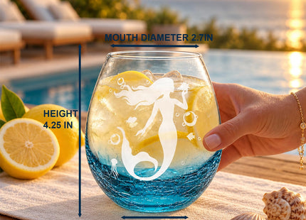 19 oz Printed Mermaid Stemless Wine Glass, Teal Crackle Base, Ocean Crystal