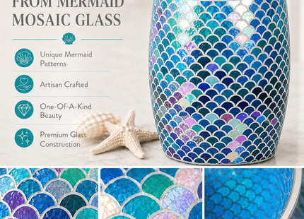 Escenzy Mermaid Bathroom Trash Can, Handmade Mosaic Glass 1.3 Gal / 5L | Decorative Waste Basket for Bathroom, Bedroom, Office | Luxury Mermaid Bathroom Decor | Coastal Home Decor Gift