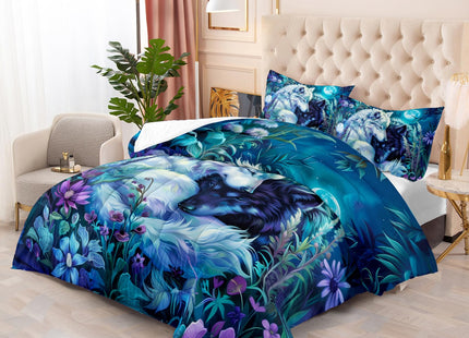 Nttopship Wolf Print Comforter Set King Size,White and Black Wolf in Flowers Bedding Set, Night Sky Forest Animals Printed Quilted Set for Girls Boys Adult,with 1 Comforter and 2 Pillow Case