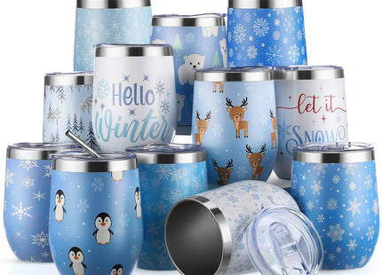 meekoo 12 Sets Christmas Wine Tumbler, Blue Snowflake Insulated Coffee Mug