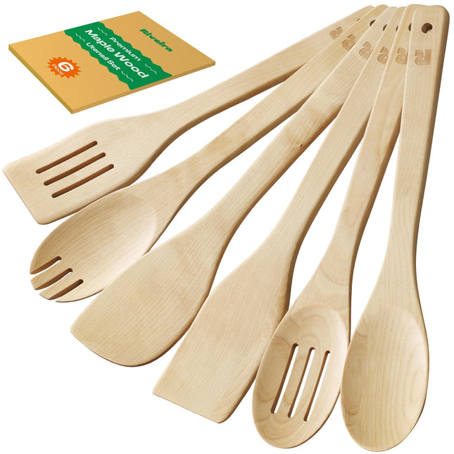 Riveira Maple Wooden Spoons for Cooking Set of 6 – Natural Maple Wooden Cooking Utensils, Wooden Spatula, Wooden Spoon - Premium Quality Utensil Set for Non-Toxic Cooking