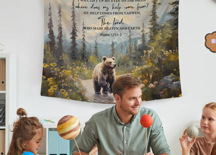 WAITPI Christian Woodland Mountain Hanging Wall Tapestry for Bedroom, Farmhouse Bear Forest Psalm 121:1-2 Bible Verse Scripture Wall Hanging Decor Tapestry for Home Living Room, 50x60in