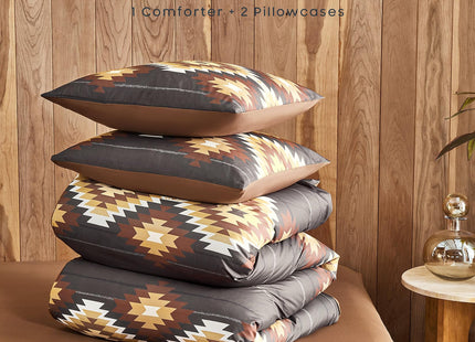Wake In Cloud - Western Comforter Set, Aztec Southwestern Rustic Lodge Cabin Style with Geometric Stripe Pattern, Soft Lightweight Bedding, 3 Pieces, Chocolate Brown, Queen Size