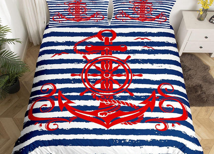 Anchor Comforter Cover Queen Size Nautical Compass Duvet Cover For Kids Boys Girls Teens, Geometric Stripes Bedding Set Ocean Sailboat Retro Theme Bed Set With 2 Pillow Cases, Navy Blue And Red