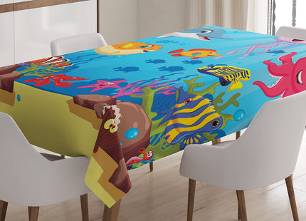Ambesonne Whale Tablecloth, Happy Animals Cartoon Characters Mollusc Rocks Sun Rays Comic Artwork, Rectangular Table Cover for Dining Room Kitchen Decor, 60" X 84", Sky Blue