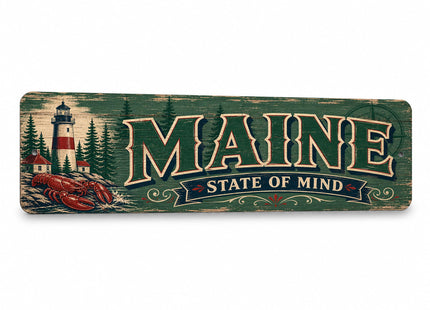 Maine State of Mind Folksy Barnwood Metal Sign — State Pride Wall Decor