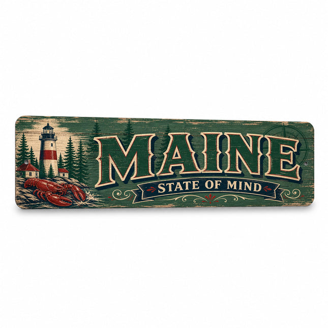 Maine State of Mind Folksy Barnwood Metal Sign — State Pride Wall Decor