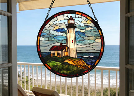 DASTOLL Stained Glass Window Hanging, Ocean Lighthouse Sun Catchers Glass Panel Blue Green Suncatcher Decor for Birthday for Women, Men, Wife, Aunt, and Mom 7.8 in