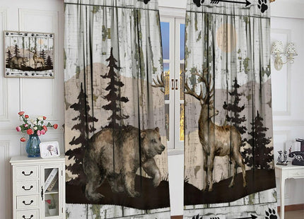 Rustic Farmhouse Curtains, Retro Wooden Barn Door Wood Board Cabin Wild Animals Bear Deer Vintage Farm Country Print Blackout Window Drapes for Kitchen Living Room Bedroom 42x45 Inch