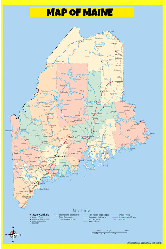 Map Of Maine Style A - 20x30 - Laminated Wall Map Poster for Homes, Classrooms and Offices - Vivid Colors, Easy to Read, Clean Layout