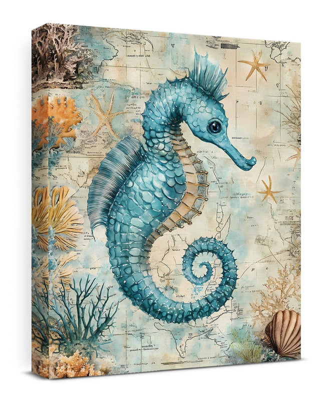 Nautical Seahorse Canvas Wall Art Sea Horse Ocean Theme Print Poster Framed