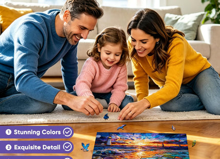 Leodozzio 1000Pcs Wooden Jigsaw Puzzle Sunset Lighthouse Decor 17x23.2in