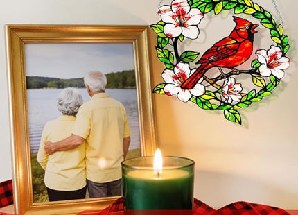 Cardinal Stained Glass Suncatchers Window Hanging, Cardinal Suncatchers for Windows Hanging, Suncatcher for Wife/Mom/Women (Bird & Flower)