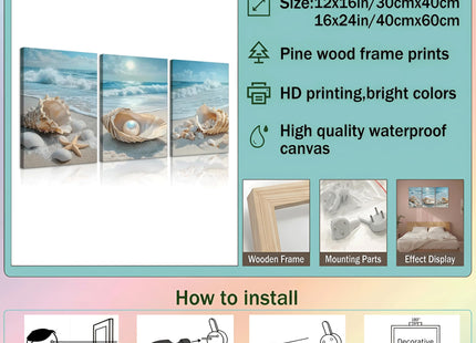 SOUHLP 3Pcs Coastal Seashell Conch Canvas Wall Art