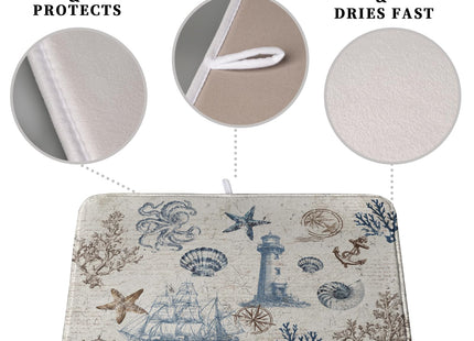 Kwlegh Nautical Coastal Dish Drying Mat for Kitchen Counter Summer Ocean Sailboat Starfish Seashell Absorbent Microfiber Dish Mat Reusable Washable Dish Drainer Rack Mat 18x24 Inch