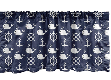 Ambesonne Navy Blue Window Valance, Maritime Pattern with Whales Helms Anchors Nautical Elements Deep Sea Life, Curtain Valance for Kitchen Bedroom Decor with Rod Pocket, 42" x 12", Navy Blue White