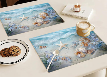 Beach Seashell Placemats Set of 6, 12x18 Inch Summer Coastal Table Place Mat Starfish Washable Non-Slip Heat Resistant Fabric Placement Mats for Dining Kitchen Indoor Outdoor Decor