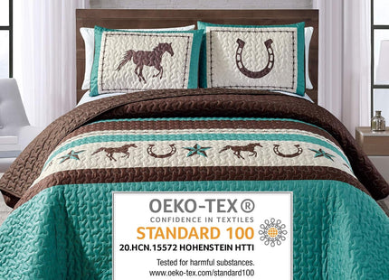 WPM WORLD PRODUCTS MART Western Teal/Beige/Brown Horseshoe, Horse, Barb Wire Cowboy Print Queen Size Bedspread 3 Piece Southwestern Cabin Lodge Design Coverlet Quilt Set- JENA (Queen)