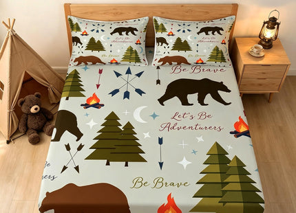 Happy Camping Fitted Sheet Twin Size Hunt Bear Pine Trees Bedding Set for Kids Boys Men Adults Cabin Room Decor Campfire Arrow Cartoon Bed Sheet Wild Outdoor Adventure Deep Pocket Sheet 2pcs