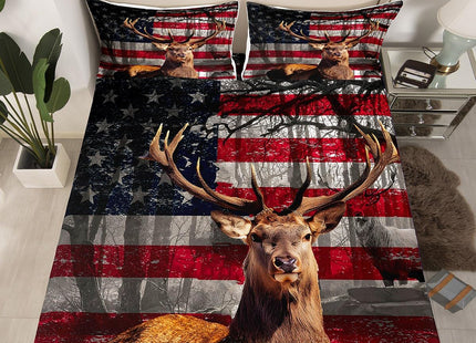 Manfei 3D Deer Fitted Sheet Twin Size American Flag Bedding Set 2pcs for Kids Boys Teens Room Decor, Wildlife Animal Elk Print Bed Cover Stars and Stripes Bed Sheet Set with 1 Pillowcase