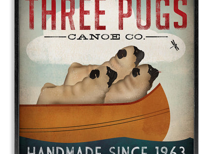 Vintage Three Pugs in Canoe, 12 x 12 Inch Framed Giclée Print
