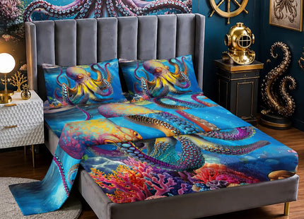 XYNHML 3D Octopus Fitted Sheet Set Full 4Pcs Nautical Ocean Quilt Bed Sheets Seaweed Bedding Set for Boys Teens Adult Includes 1 Fitted Sheet,1 Flat Sheet,2 Pillowcases