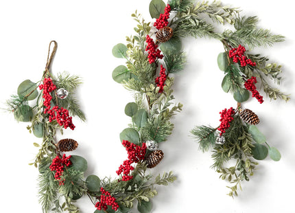 LOHASBEE Artificial Christmas Garland, 5 Feet Pine Cone Eucalyptus Garland with Red Berries, Bells & Greenery Glitter for Christmas Indoor Outdoor Garden Gate Front Door Home Wall Window Stair Decor