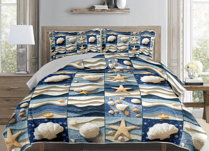 QOOMO Coastal Quilt Set Full Queen Size, 3 Pieces Summer Seashell Starfish Printed Bedspreads Coverlet Set, Soft Microfiber Lightweight Beach Nautical Bedding Set with 2 Pillowcases for All Season
