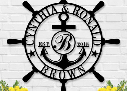 Customized Family Name Sign, Nautical Wall Decor, Anchor Compass Metal Sign, Initial Split Letter Monogram Sign, Last Name signs, Personalized Housewarming Gift