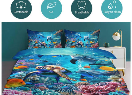 Lovira Ocean Sea Tutrle Beach Dolphin Theme 3 Pieces Duvet Cover Comforter Set with 2 Pillowcase Twin Size Nautical Fish Bed Sheet Quilt Bedroom Bedding for Lover Kids