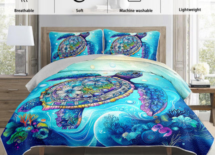 UEVBF Coastal Bedding Quilt Sets Queen Size,Summer Blue Sea Turtles Water Plants Nautical Bedding Quilt with 2 Pillowcases,Beach Themed Soft Lightweight Bedspread Coverlet.
