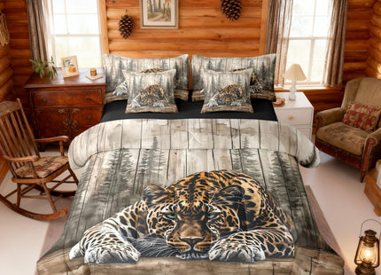Erosebridal Jungle Leopard Full Comforter Set with Sheets 7 Piece Natural Forest Wildlife Bed in A Bag Farmhouse Woodland Animal Bedding Sets for Women Adults Rustic Cabin Pine Tree Bed Set