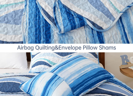 DJY Coastal Quilt King Size, 3 Pcs Ocean Blue Theme Bedspread Bedding Set