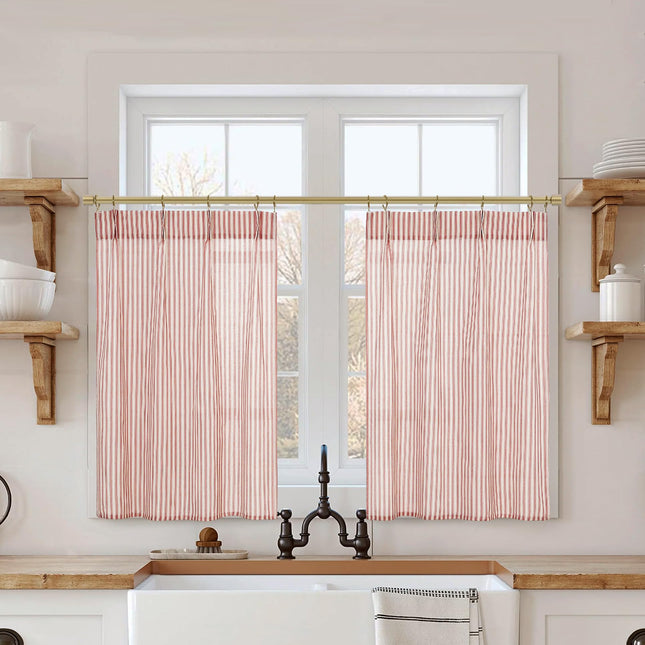 Lino Rosa Christmas Kitchen Curtains,Farmhouse Red and Off White Striped Linen Cotton Small Cafe Cabin Curtain for Window Decorations 2 Panel Set Holiday Vintage Decor