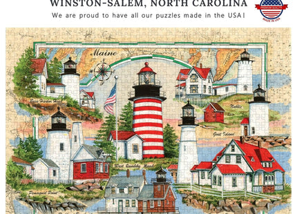 Heritage Puzzle Lighthouses of Maine Jigsaw Puzzles for Adults 550 Pieces, 24"" x 18"" - Coastal Landmark Collage with Nautical Chartmap - Scenic Lighthouse Art by Donna Elias Made in U.S.A.