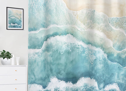 Extra Long Beach Ocean Wave Teal Blue Coastal Bathroom Shower Curtain Set