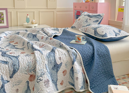 Coastal Quilt Sets Queen Size - Reversible Microfiber Blue Whale Ocean Style Quilts with 2 Shams Soft Lightweight Beach Bedding Nautical Bedspread Coverlet Summer Comforter for All Season