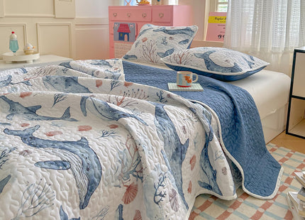 Coastal Quilt Sets Queen Size - Reversible Microfiber Blue Whale Ocean Style Quilts with 2 Shams Soft Lightweight Beach Bedding Nautical Bedspread Coverlet Summer Comforter for All Season
