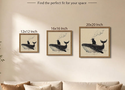 Framed Funny Black Cat and Whale Canvas Wall Art, Whimsical Minimalist Animal Painting Wall Decor, Smoking Kitty Ocean Poster Print Picture for Bedroom Living Room Bathroom Home 16x16 Inch